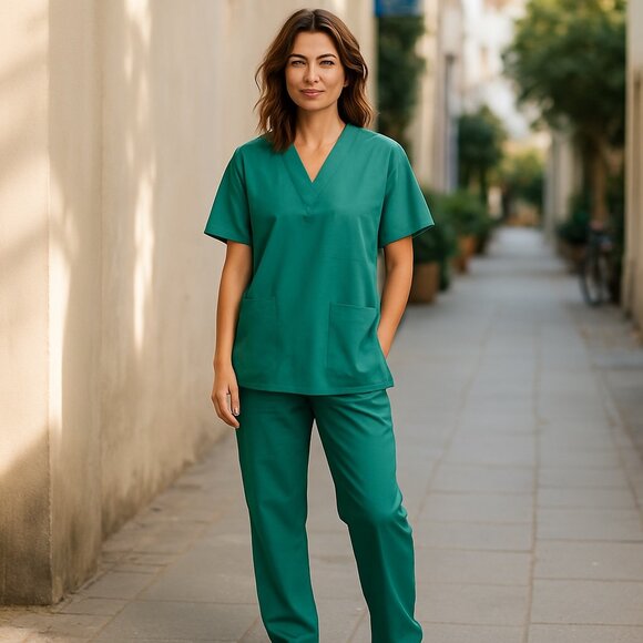 Bettie Dawn solid green short sleeve v-neck pullover scrub top with pockets M - Picture 2 of 7